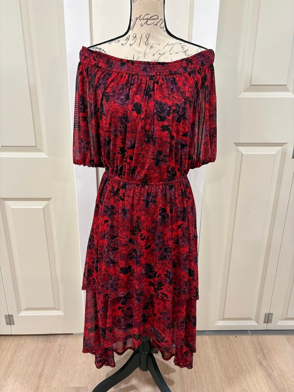 Harlow & Rose High Low Red Mesh Off Shoulder 3/4 Sleeve Dress Size Large